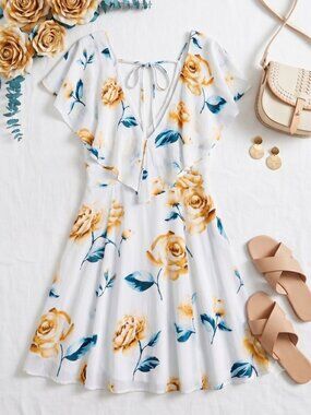 Forever 21 White With Yellow Rose Print Mini Dress